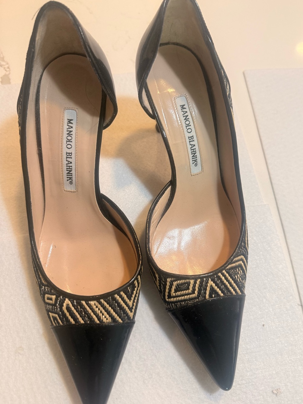 Manolo Blahnik Black and Gold Pointed Toe D'Orsay Pumps